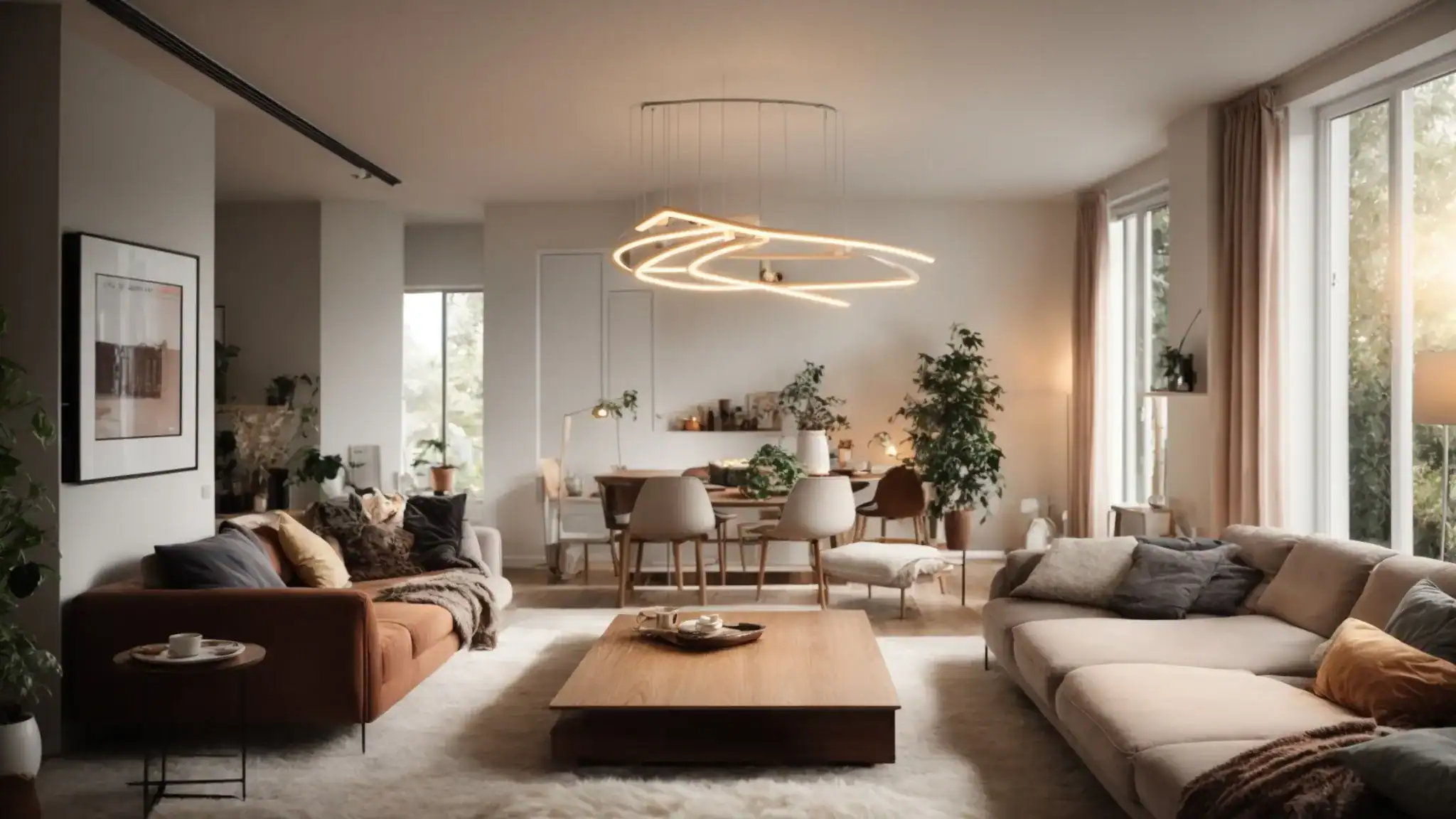 a professional electrician installs modern lighting in a cozy living room, transforming the space with a bright and inviting glow.
