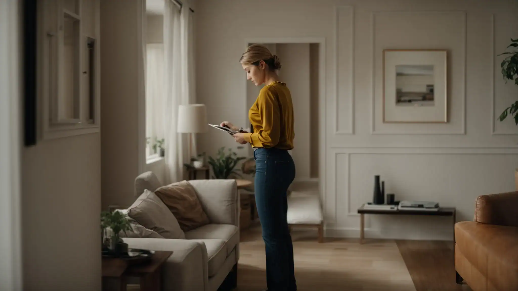a homeowner stands in a living room, holding a clipboard and examining a wall socket intently.