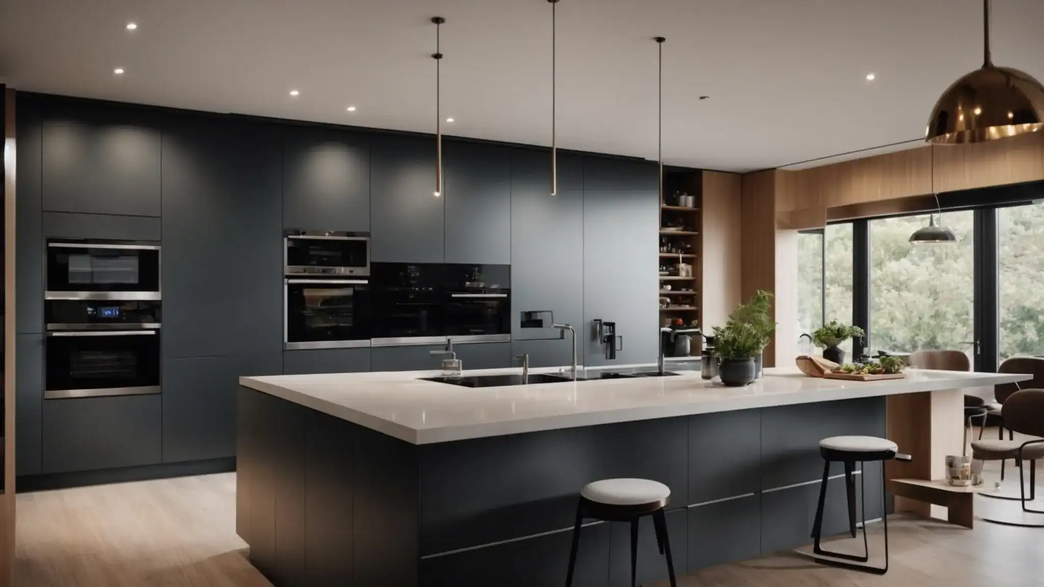 a modern kitchen with a sleek, central control panel mounted on the wall, surrounded by energy-efficient appliances.