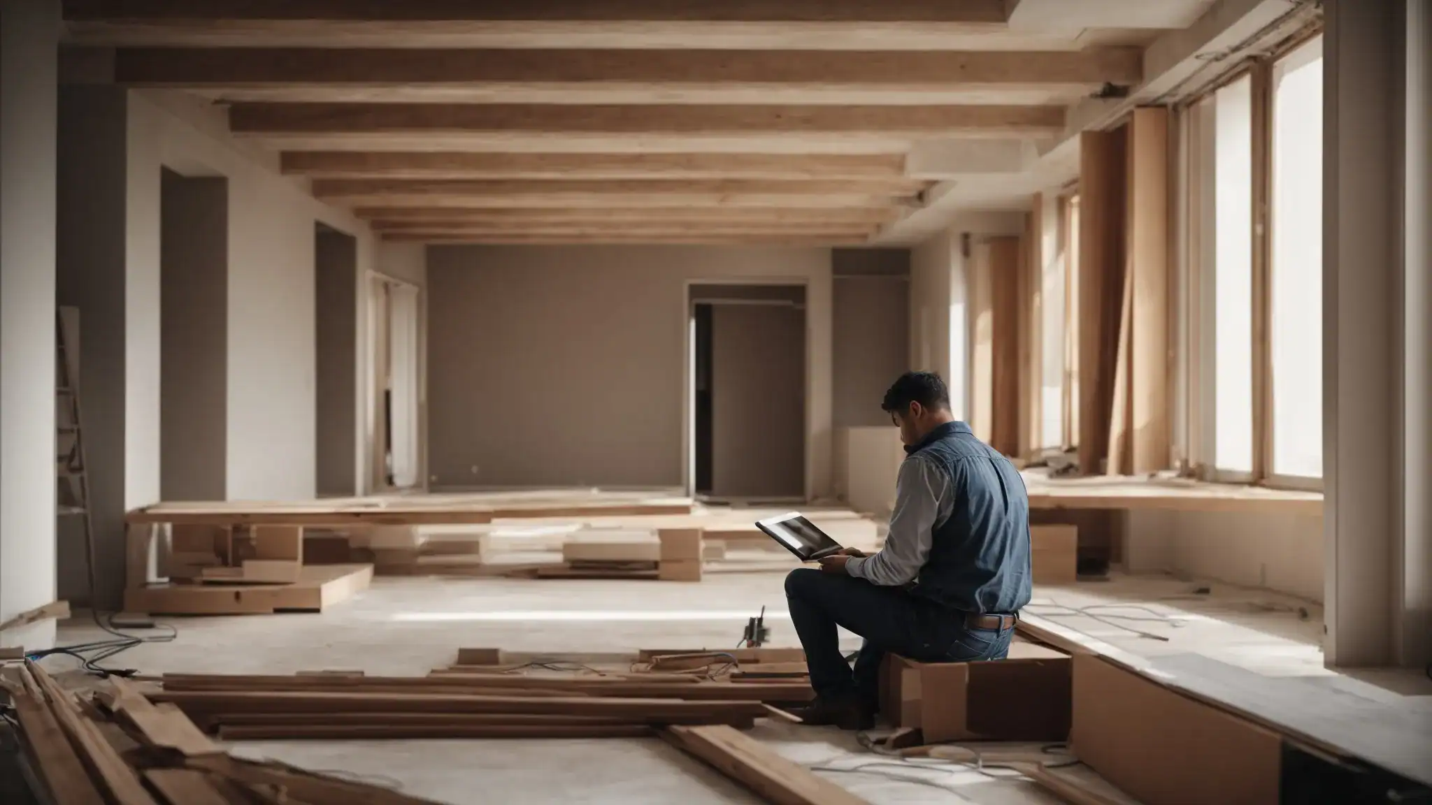 a professional electrician reviews architectural plans on a tablet inside an empty, modern living room under renovation.