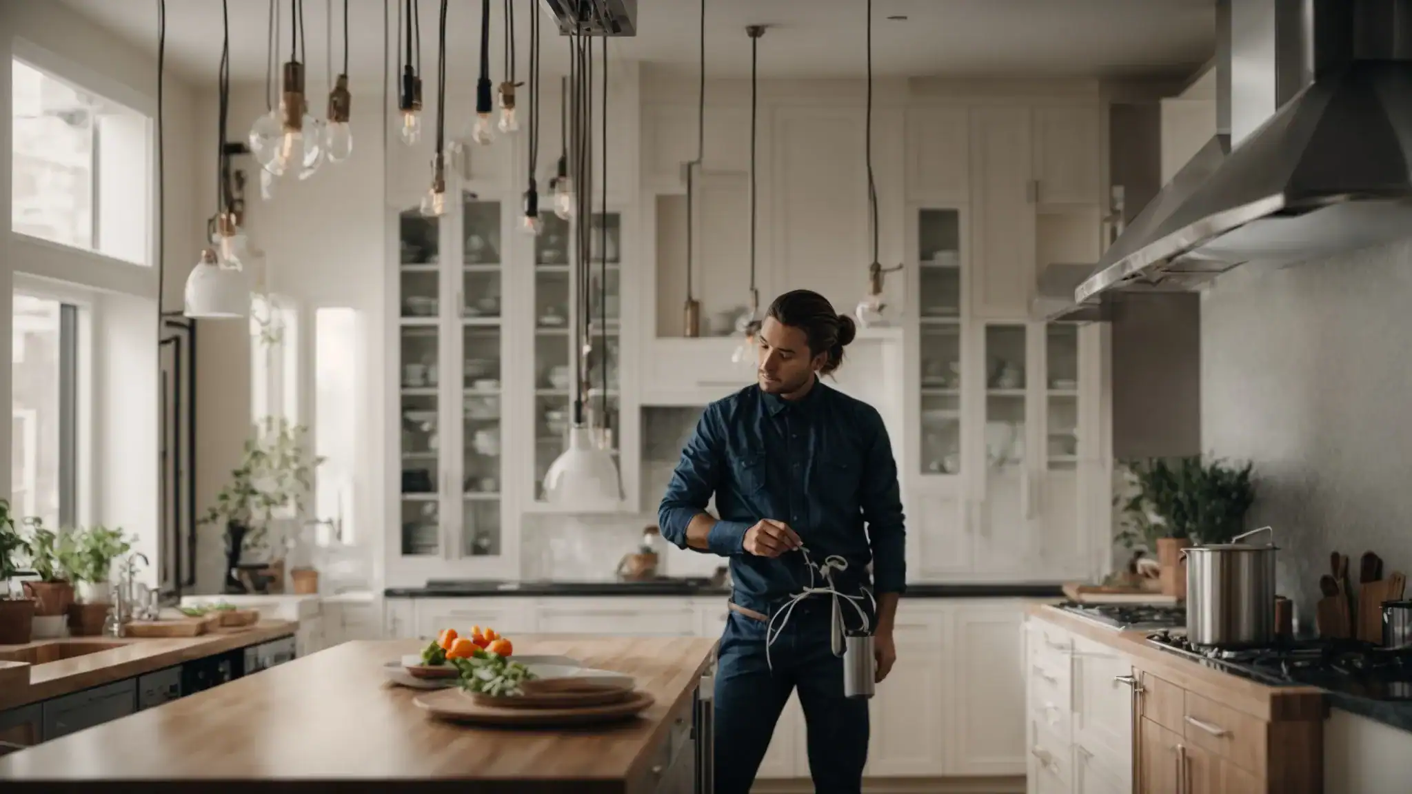 a certified electrician inspecting the wiring of a modern kitchen.