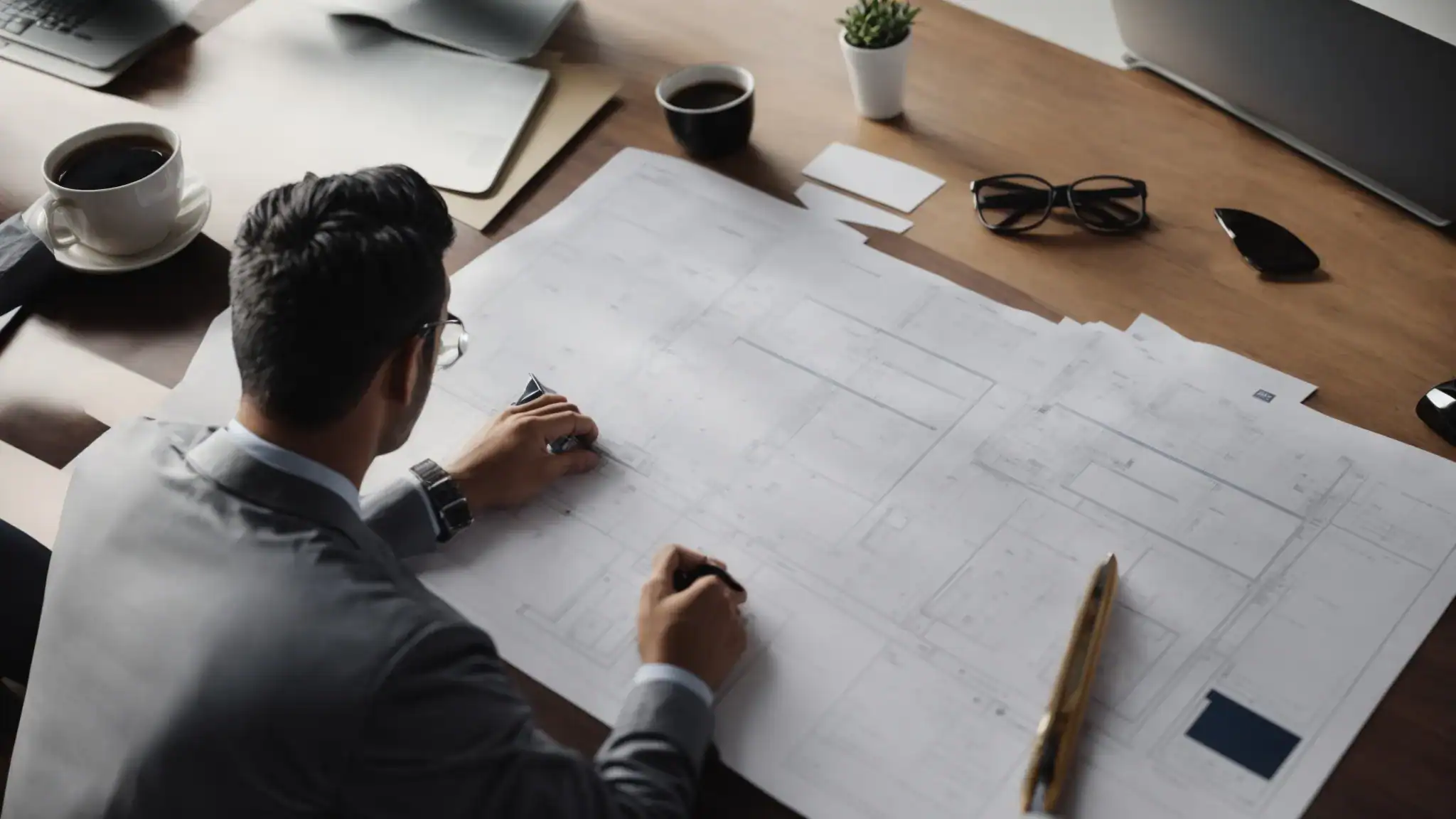 a contractor discusses plans over a set of blueprints on a table with a laptop next to them, symbolizing the planning and permit application process.