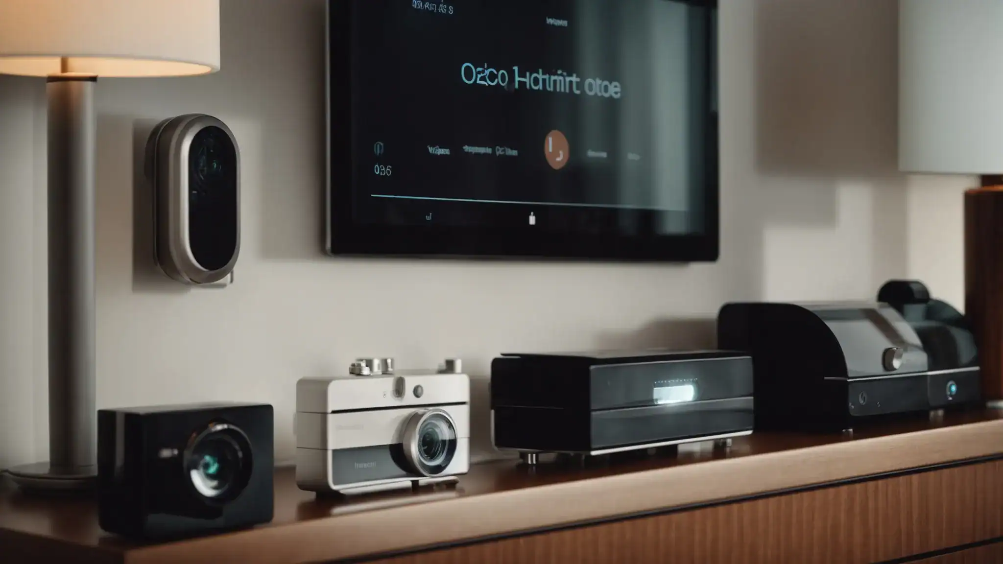 a living room filled with various interconnected gadgets, including a glowing thermostat on the wall and a sleek security camera on a shelf.