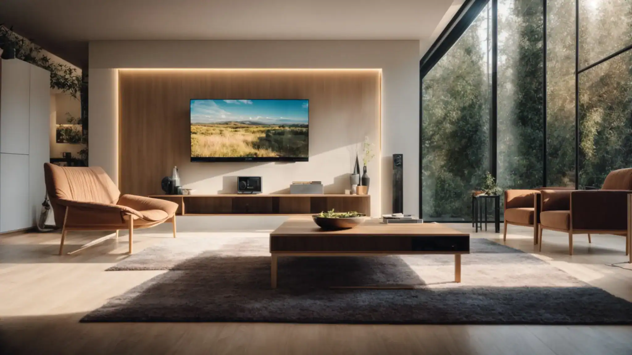 a modern living room illuminated by evening light, with a sleek digital security panel by the front door.