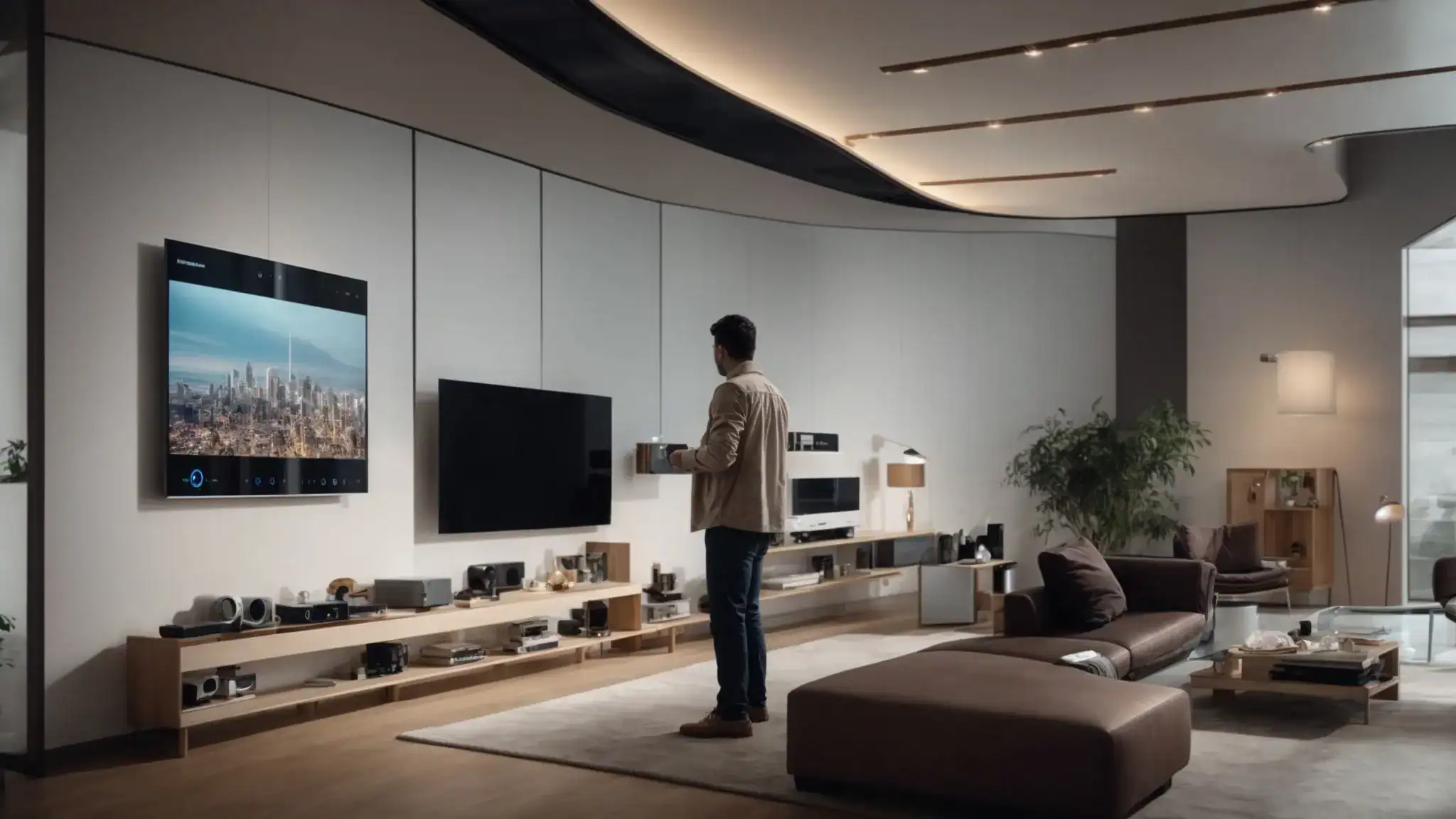 a professional inspecting a smart home hub with various connected devices in a modern living room.