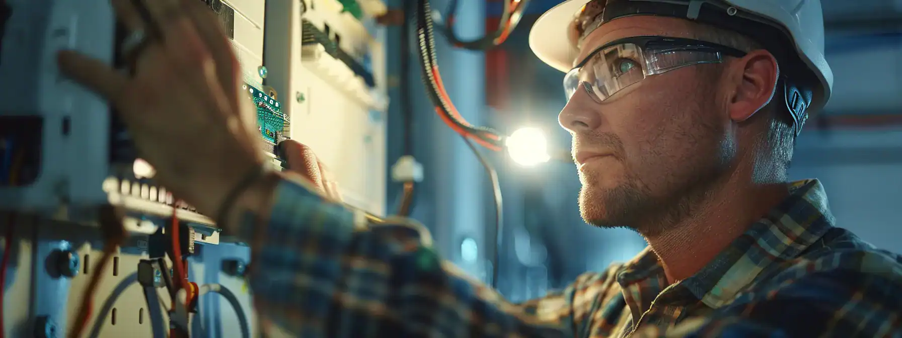 an experienced master electrician carefully installing electrical components in a commercial space.