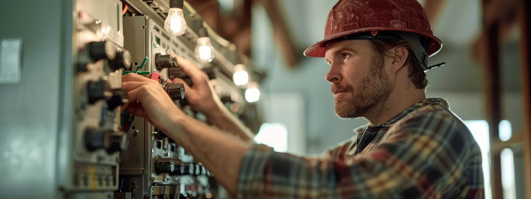 an electrician inspecting a circuit breaker panel in a residential home.