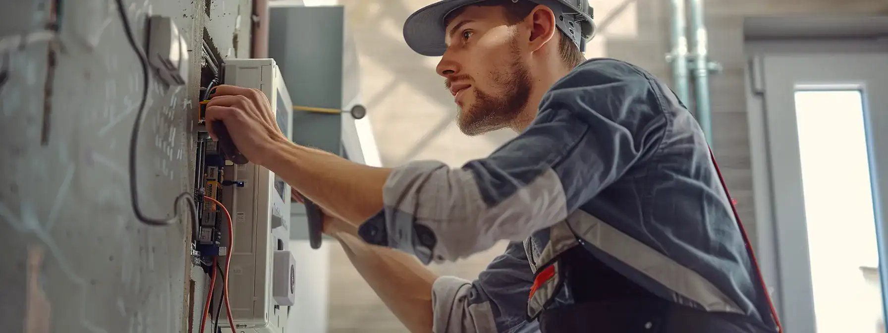 a technician installing a modern electrical panel in a sleek and organized home environment.