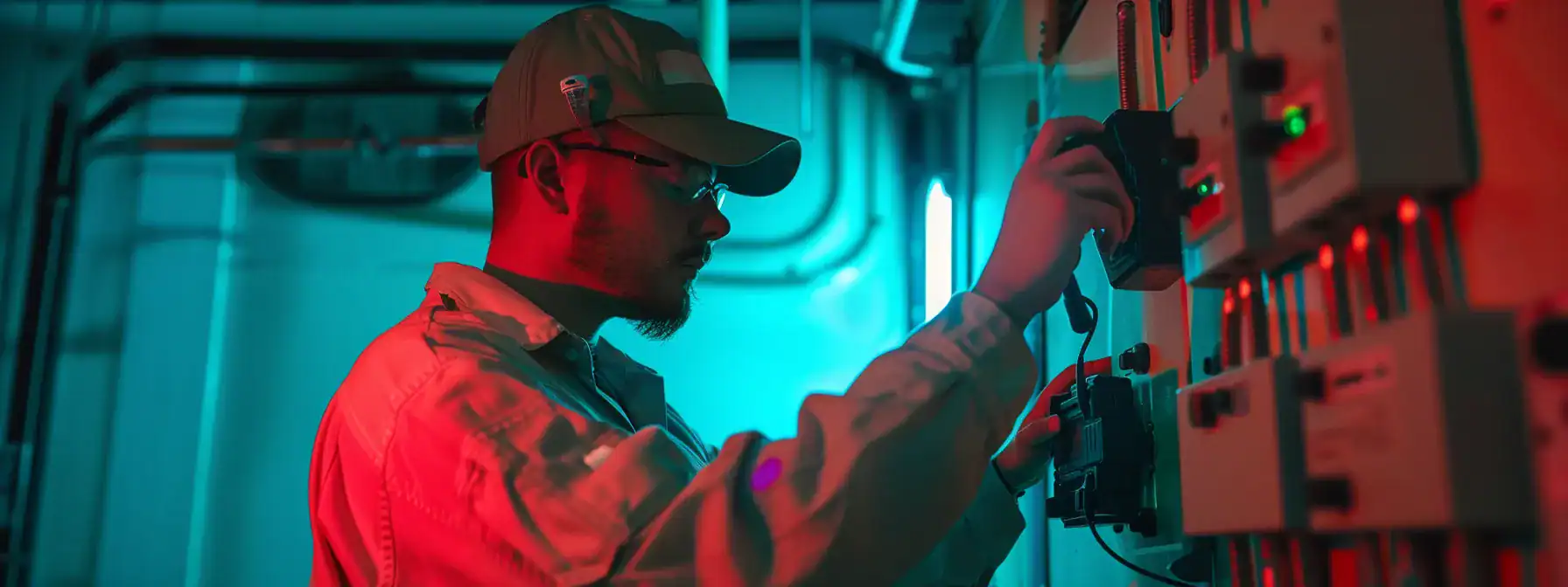 an electrician using a thermal camera to inspect an electrical panel for potential hotspots.