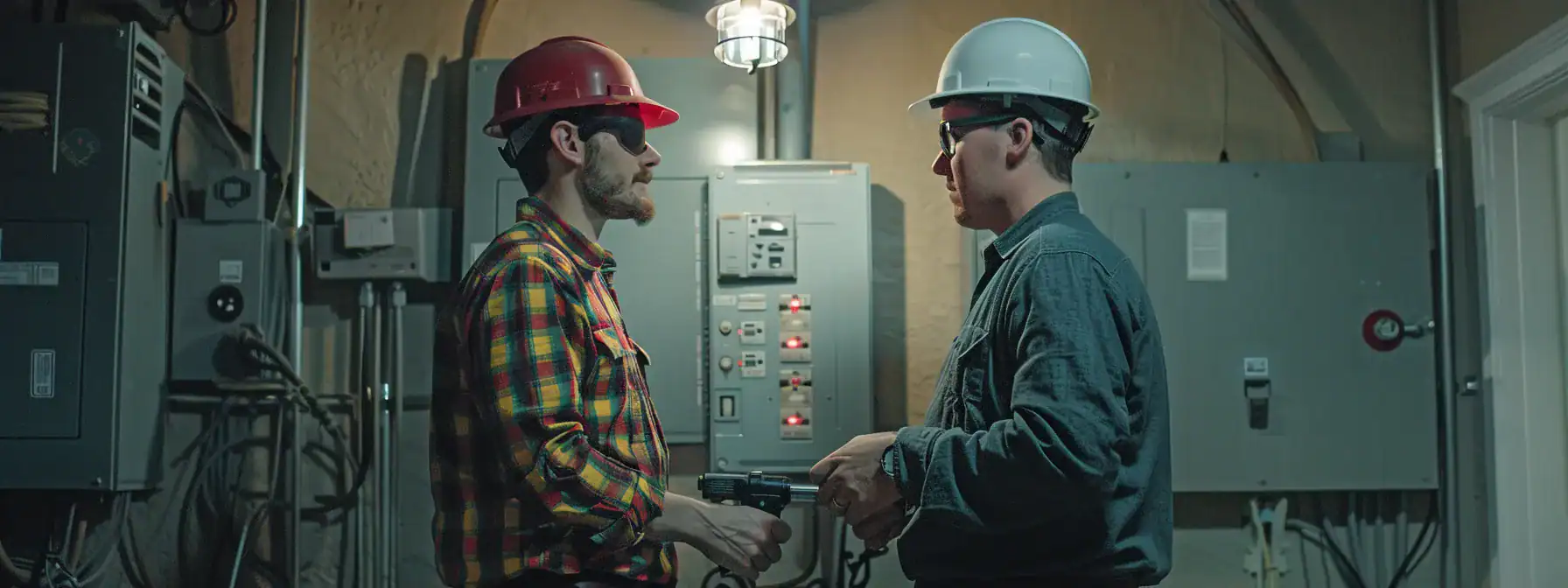 home inspectors and electricians examining electrical panel for safety risks.
