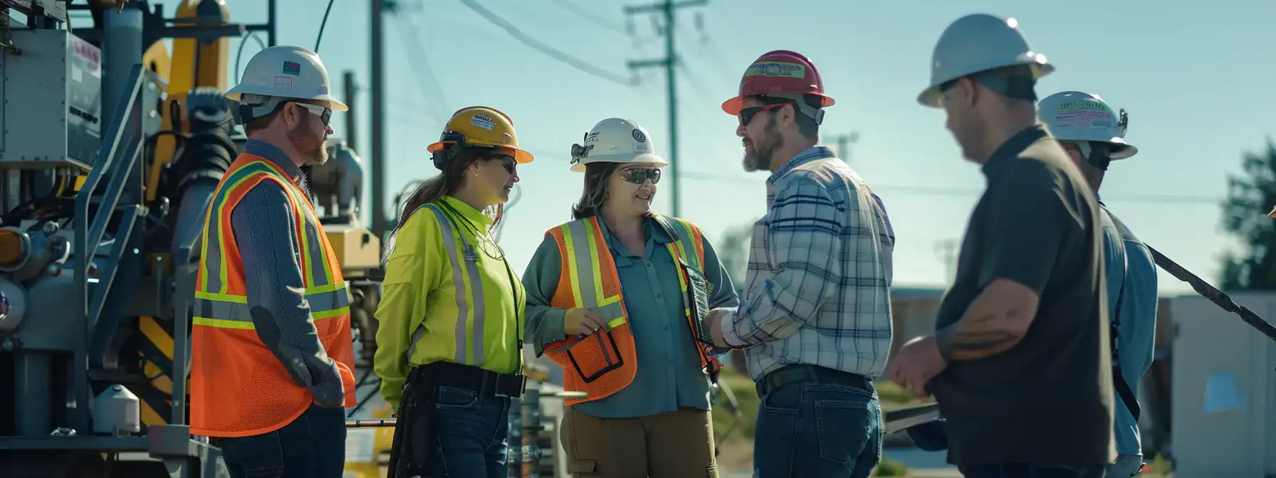a group of people gathered around an outdoor power equipment, discussing safety procedures.