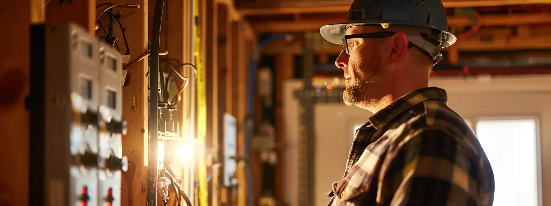a homeowner watching as an electrician inspects the electrical panel in a calgary home for safety and compliance.