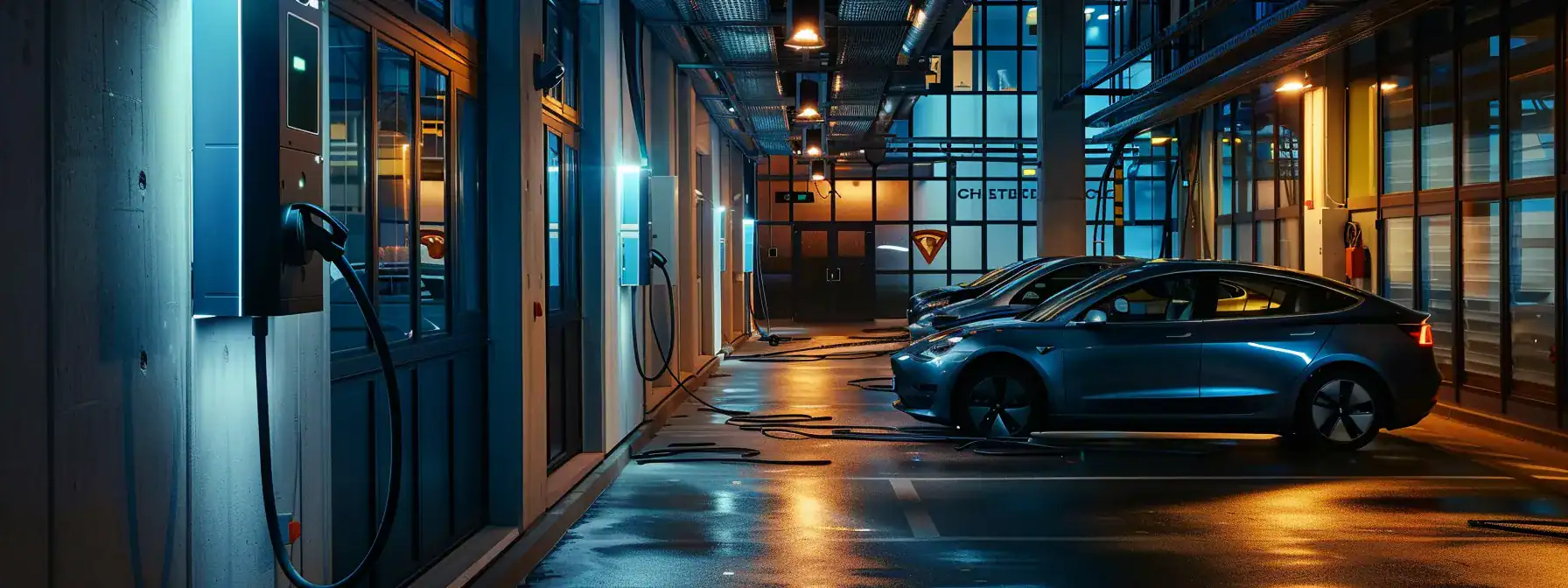a team of electricians installing an ev charger in a commercial space.
