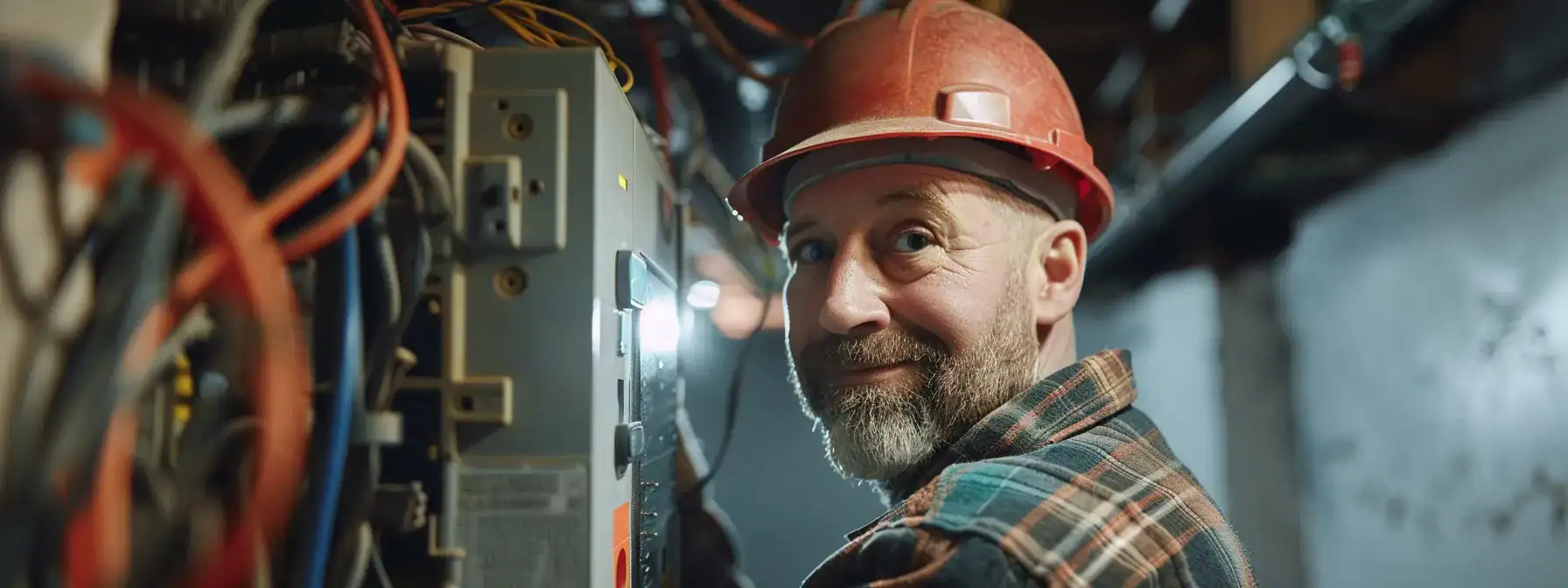 a professional electrician inspecting an old electrical panel in a residential basement.