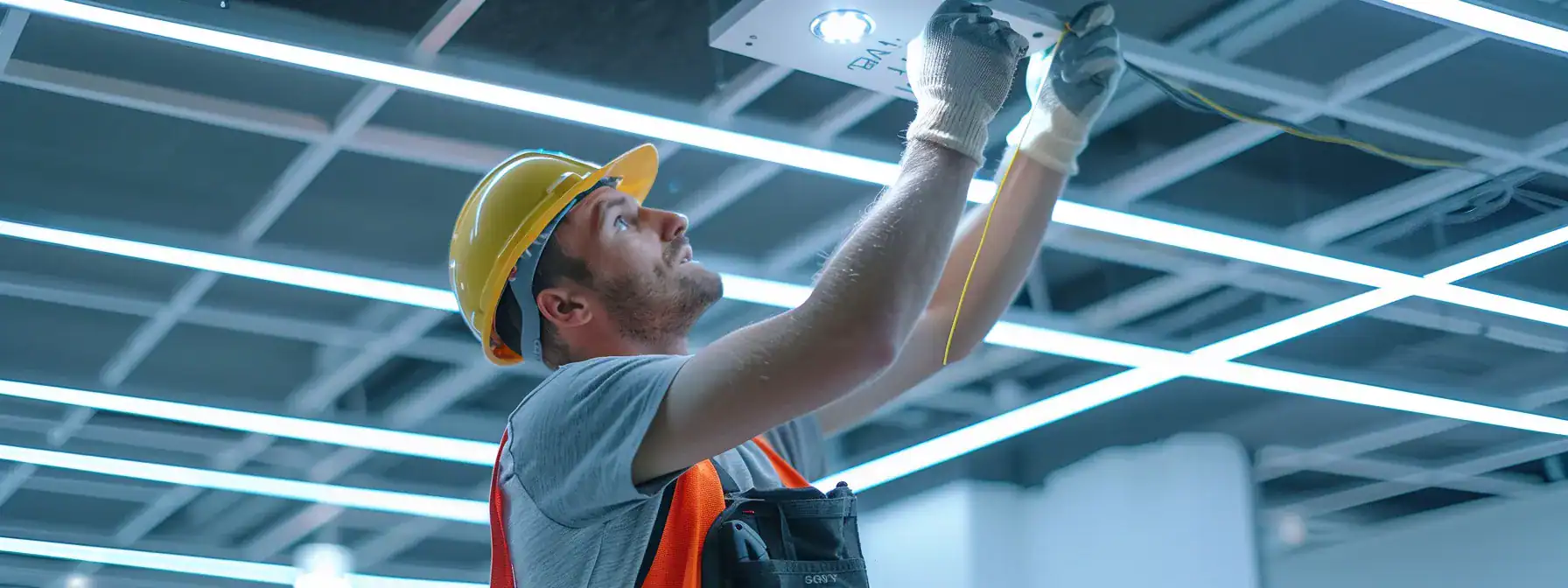 skilled electricians installing modern lighting solutions in a commercial building.