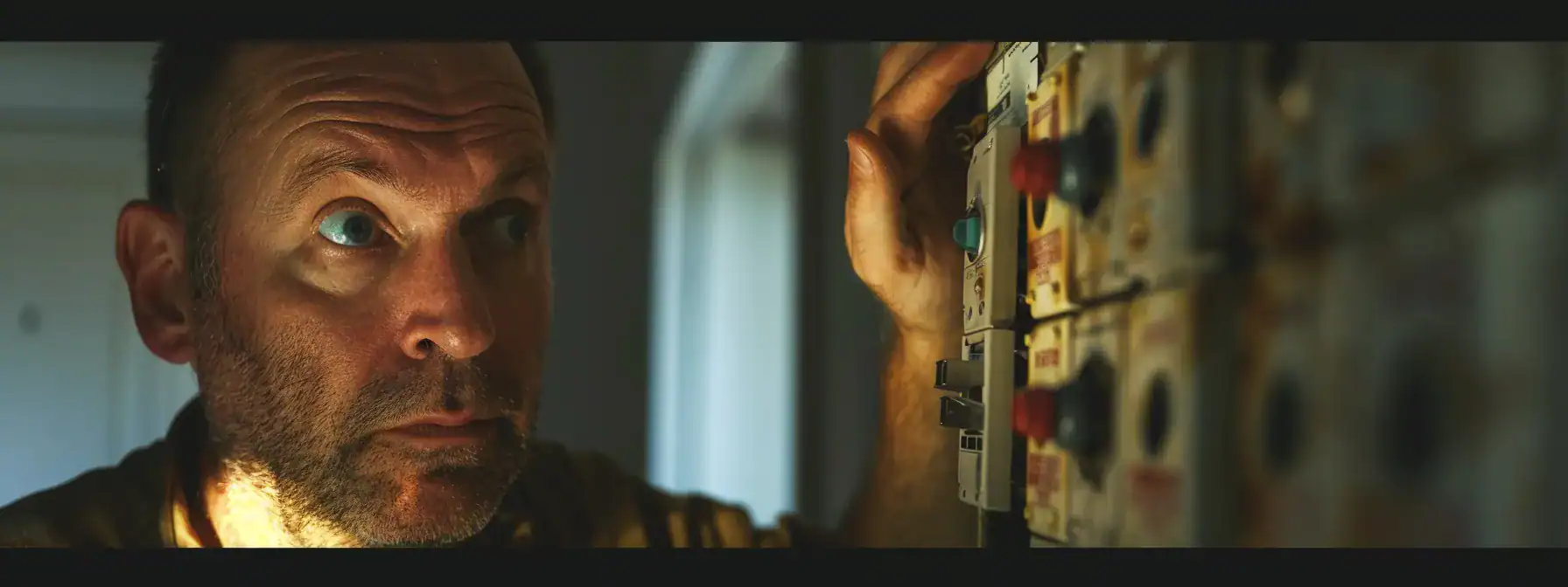 a homeowner examining an outdated fuse box with a concerned expression on their face.