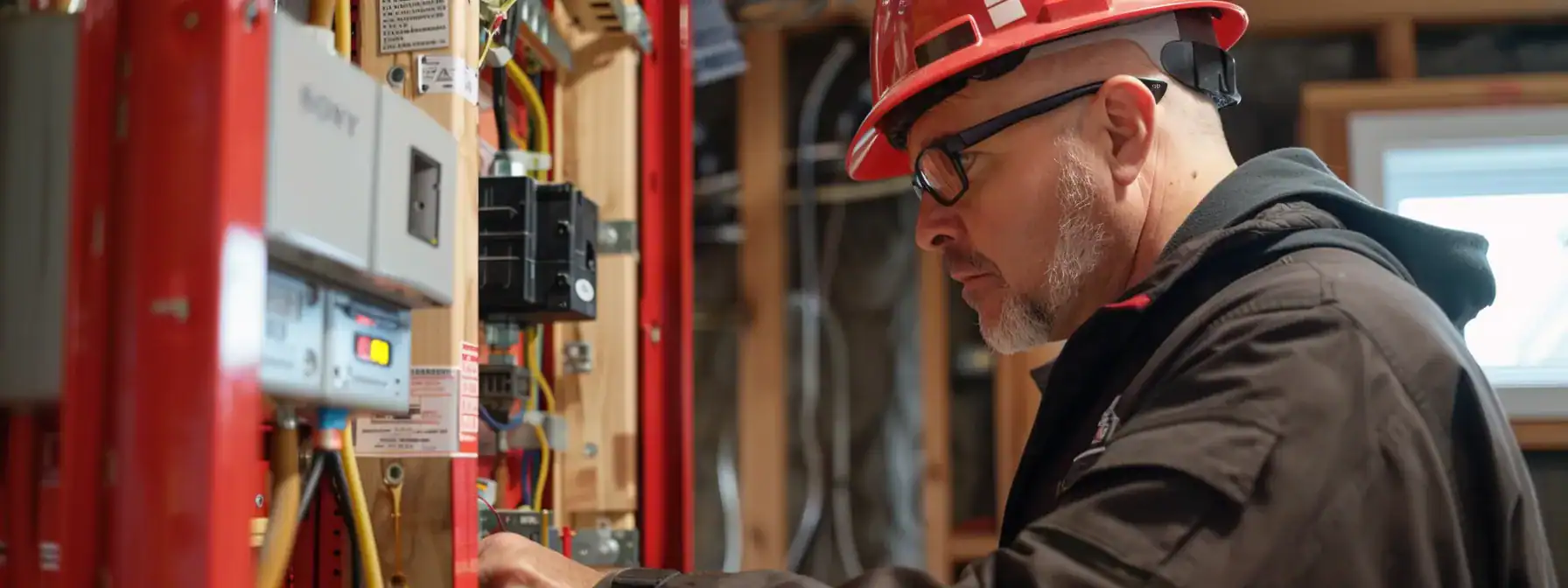an inspector examining an electrical panel in a calgary home for safety and efficiency.
