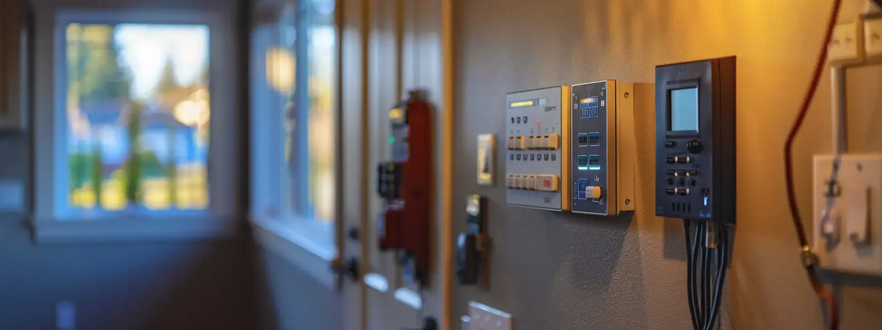 a modern electrical panel with multiple switches and meters on the wall of a utility room in a calgary home.