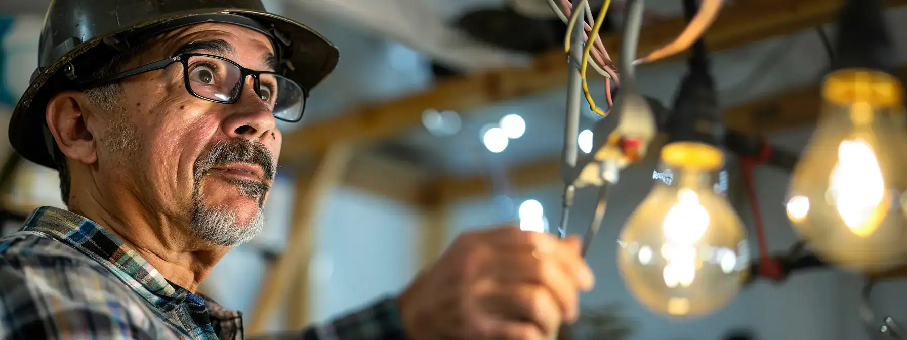 a homeowner in calgary examines a flickering light fixture while a qualified electrician troubleshoots electrical issues in the background.