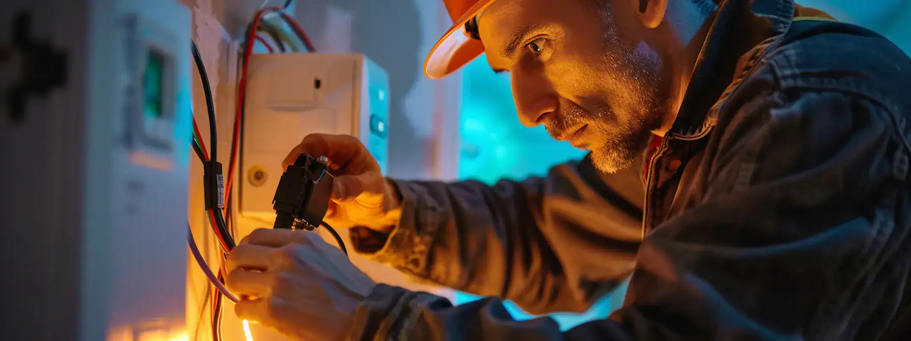 a electrician carefully installing wiring in a home to meet local electrical standards.