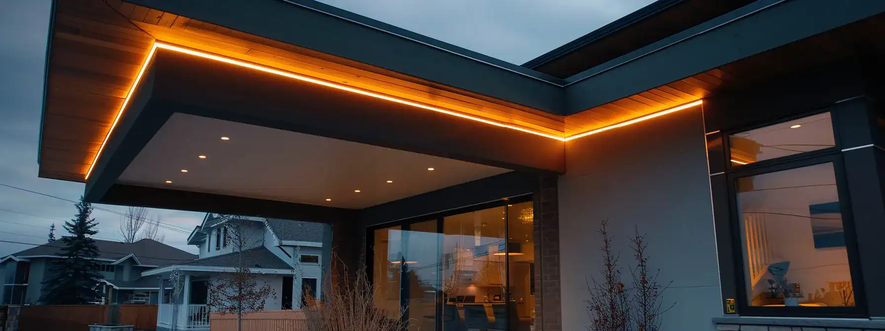 a bright, modern led light fixture illuminates a cozy calgary home, showcasing energy efficiency and sustainable practices in action.