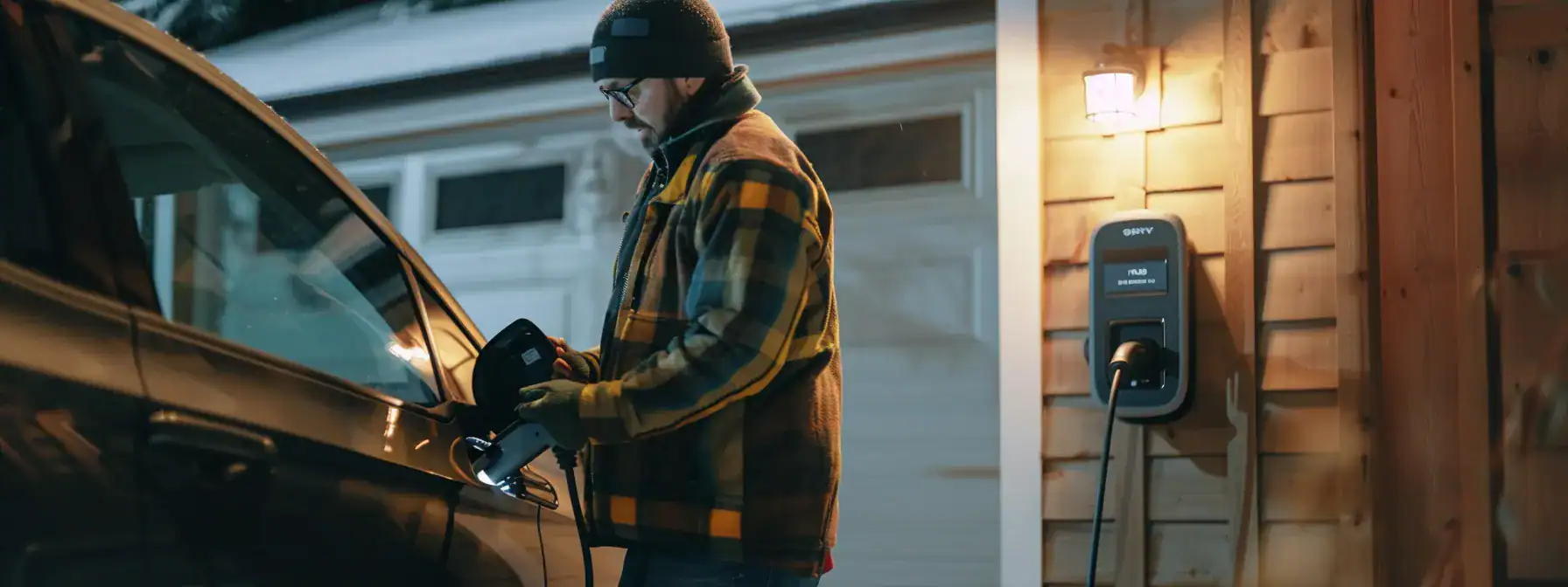 a certified electrician carefully installing an ev charger in a calgary home, ensuring safety and compliance with canadian electrical code standards.