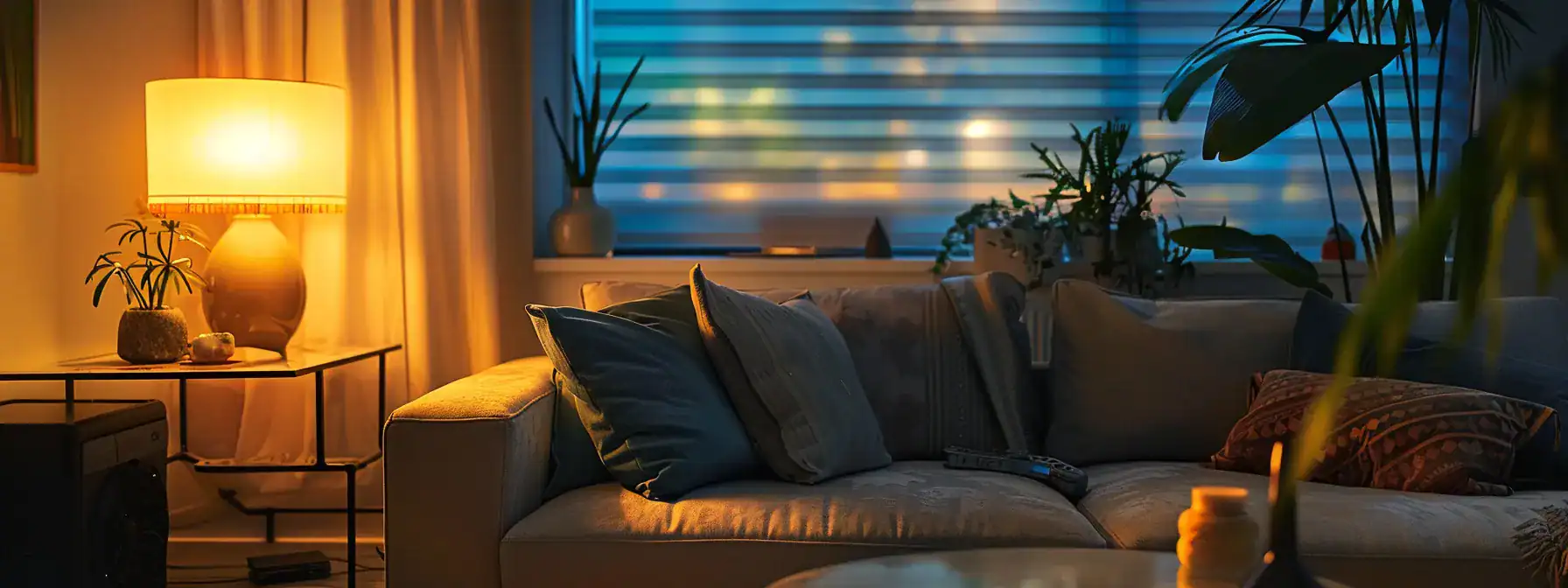 a cozy calgary living room bathed in warm, energy-efficient lighting, highlighting the inviting ambiance and modern design.