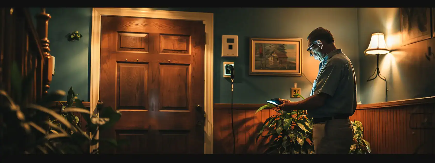 a homeowner inspecting their electrical panel with a professional, pondering potential upgrades and placement for an ev charging station.