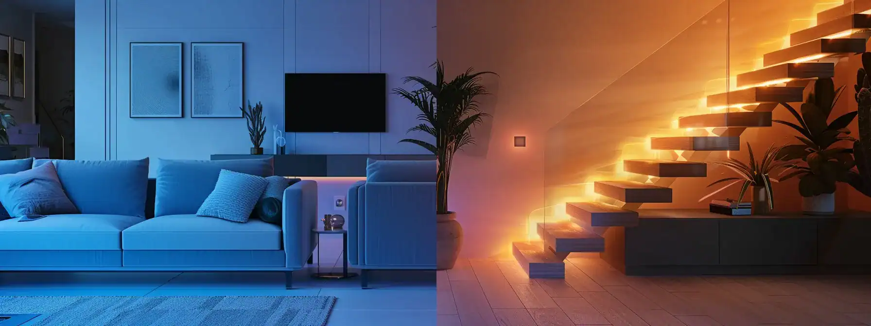 a modern living room with sleek, energy-efficient smart lighting controls, illuminating the space with customizable brightness and colours.