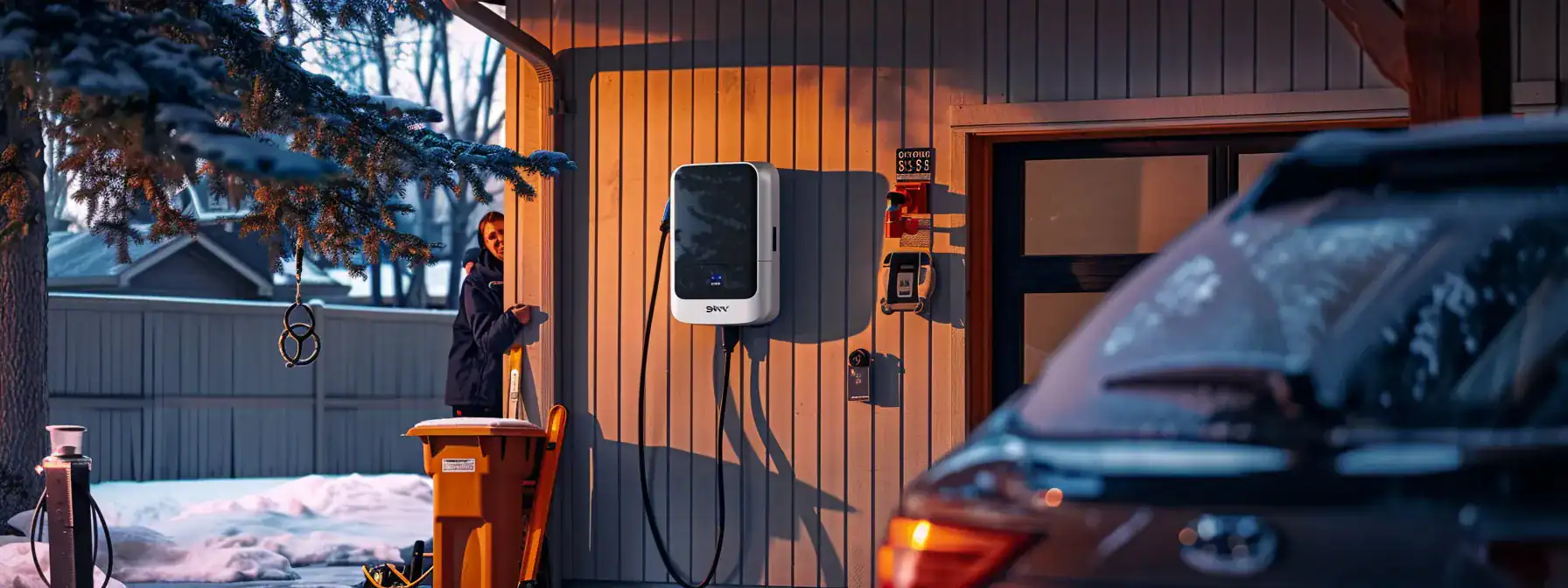 a professional electrician carefully installing an ev charging station in a modern calgary home, surrounded by tools and equipment.