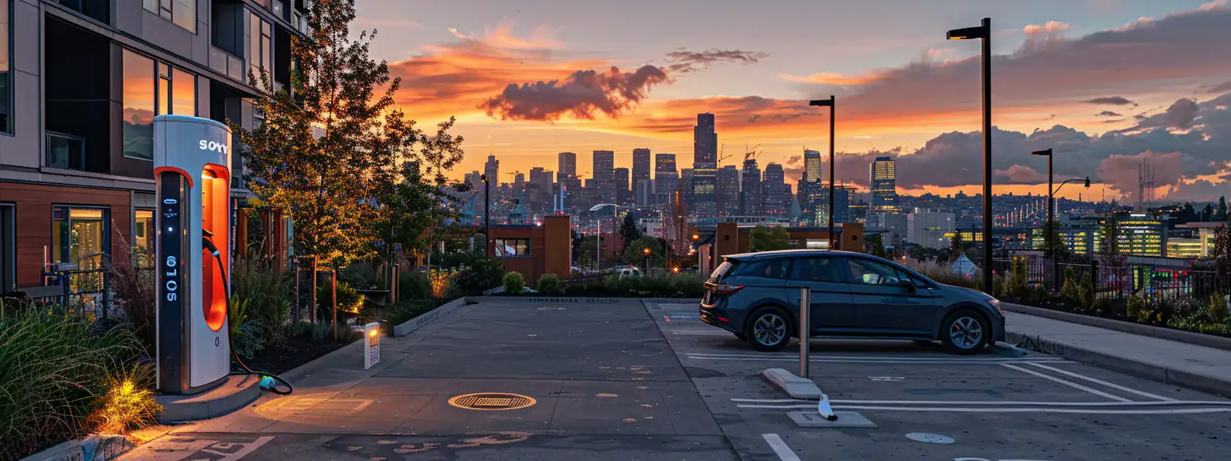 a sleek electric vehicle charging station installed in a modern condominium parking lot, with city skyline in the background.