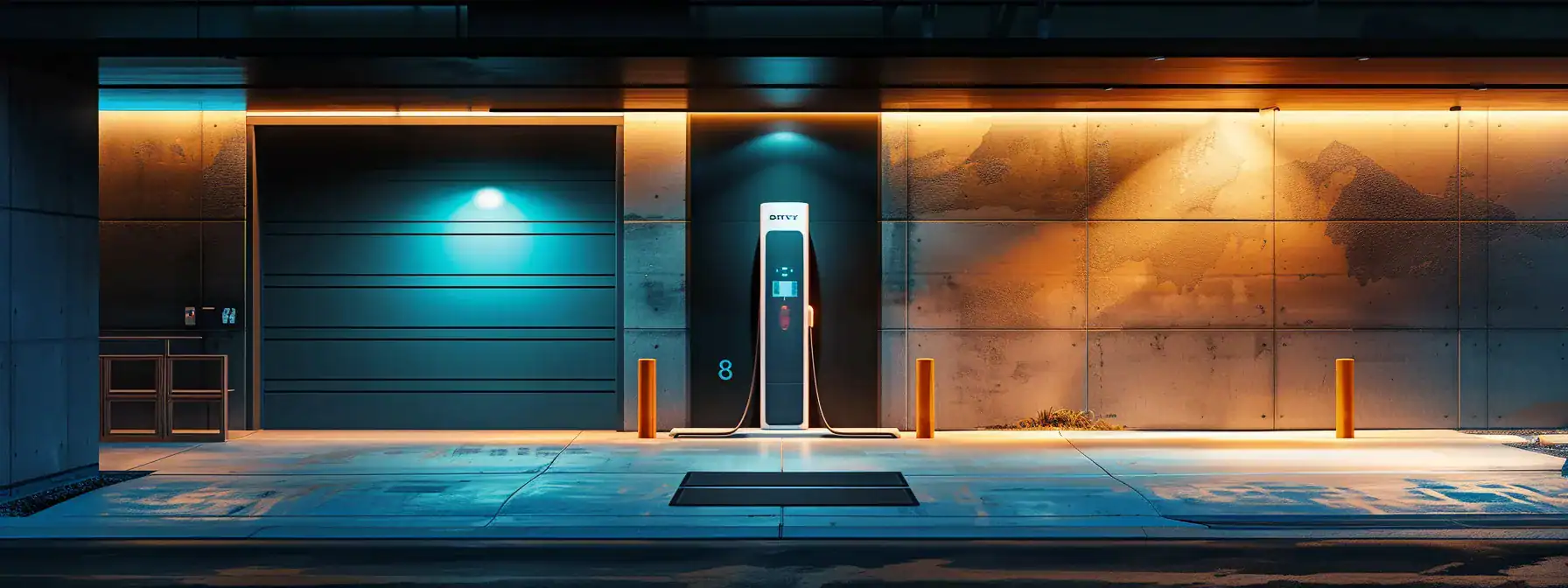 a sleek, futuristic ev charging station installed in a residential garage in calgary, under soft, energy-efficient lighting.