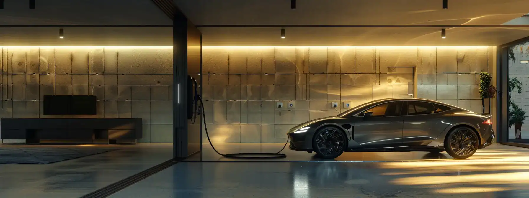 a sleek, modern ev charging station installed in a clean, well-lit garage, with a luxury electric vehicle being plugged in for charging.