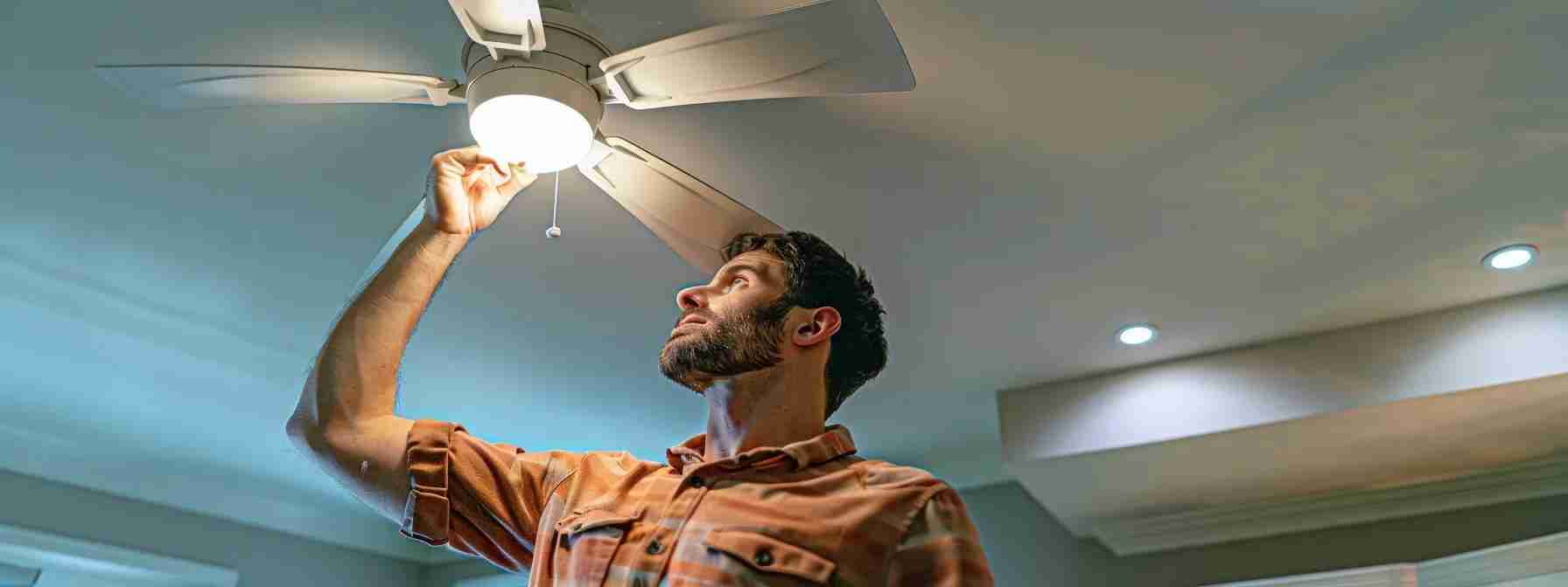 a professional electrician inspecting a failing ceiling fan in a well-lit calgary home.