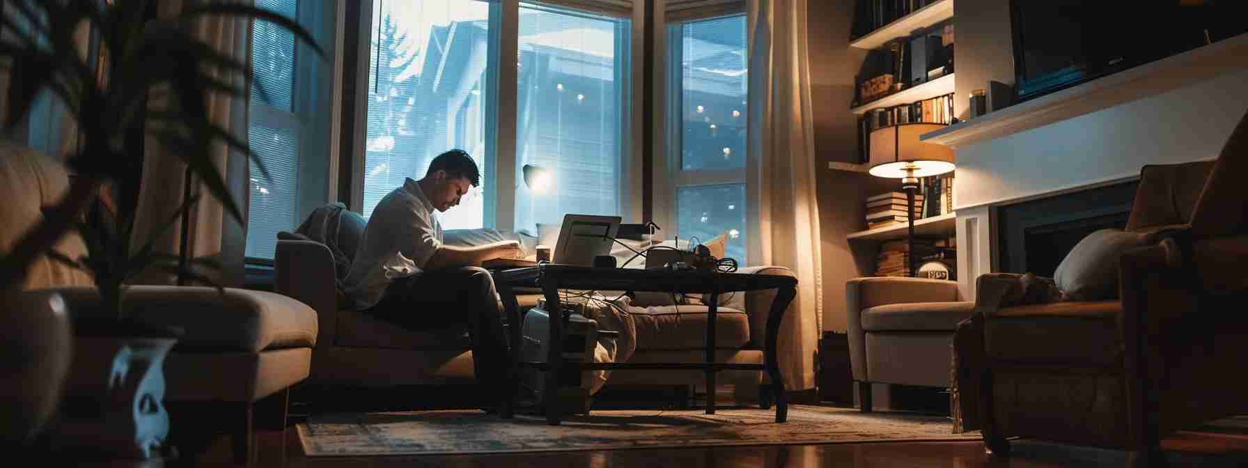 a skilled electrician in calgary diligently working on a complex wiring system in a well-lit, organized home environment.