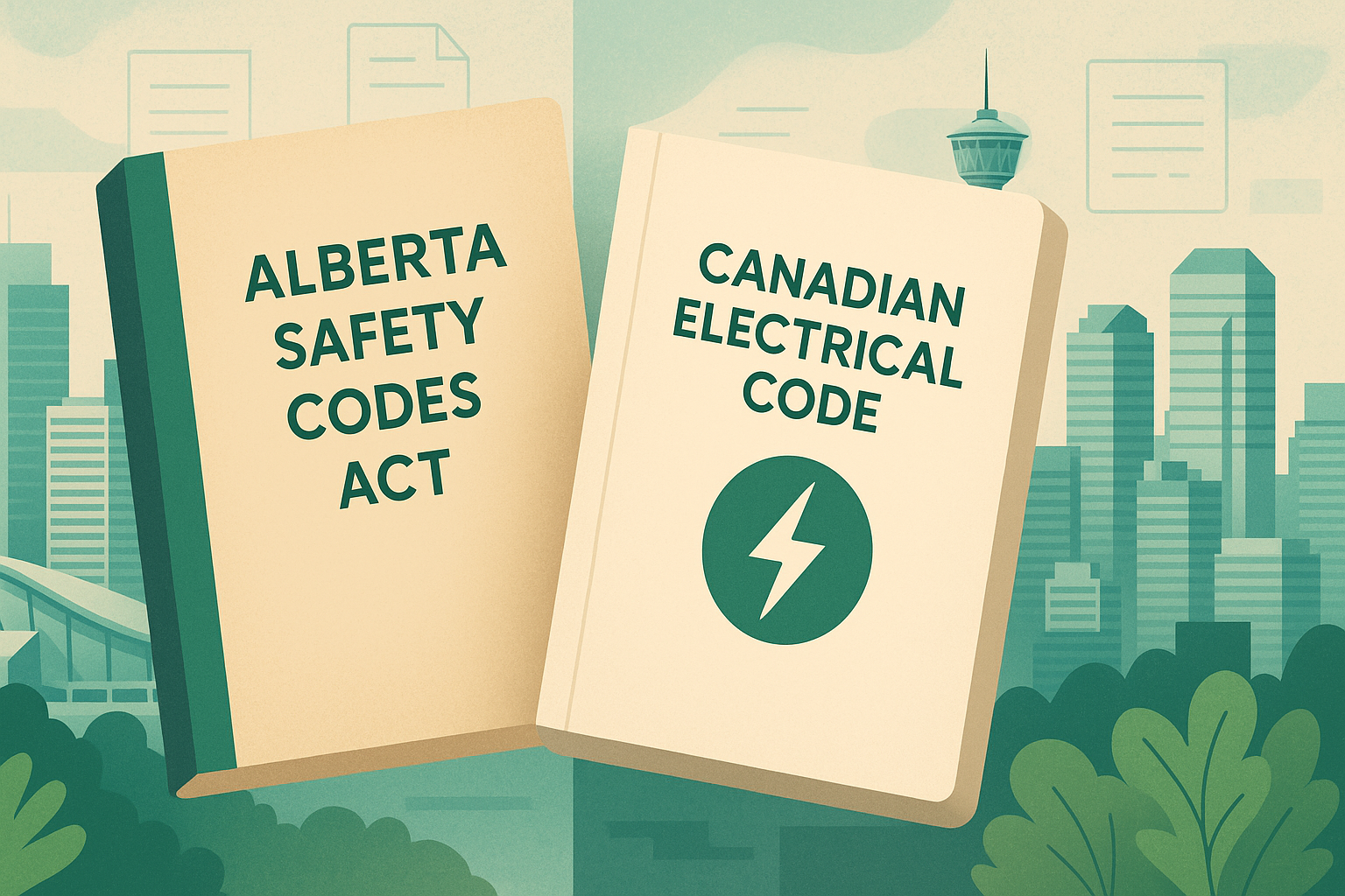 Illustration of two books titled Alberta Safety Codes Act and Canadian Electrical Code with a Calgary cityscape in the background, emphasizing local electrical code requirements.