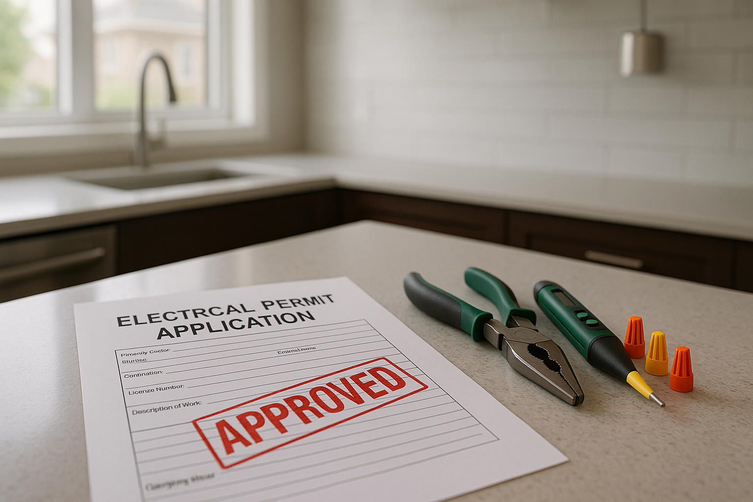 Approved electrical permit application on a kitchen counter in Calgary with pliers, voltage tester, and wire connectors showing compliance with local electrical code requirements