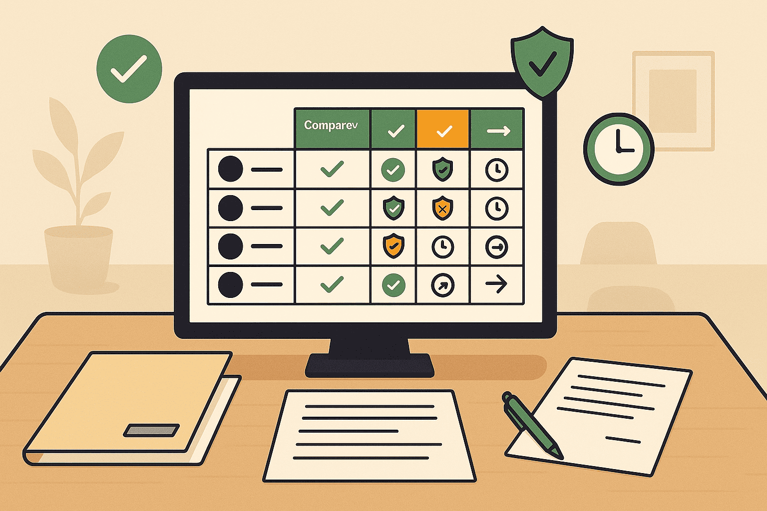Illustration of a desktop computer on an office desk displaying a chart comparing warranty coverage features among electrical service providers, with icons for check marks, shields, and clocks indicating levels of protection and duration.