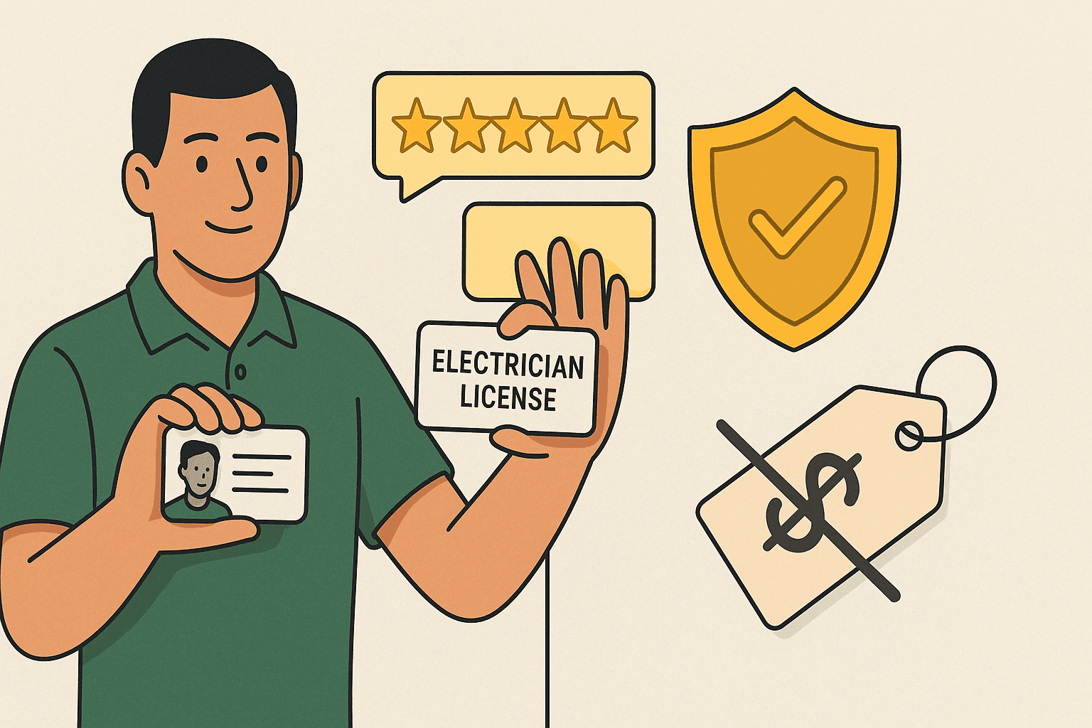 Electrical Repair Costs Calgary: Provider Comparison 5 Illustration of a professional electrician in Calgary holding a license and ID, surrounded by icons representing five-star reviews, trusted service, and varying price tags