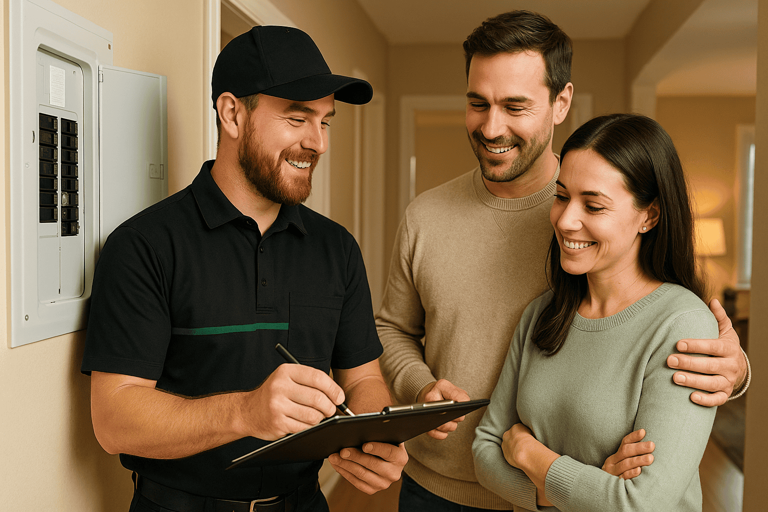 Electrical Repair Costs Calgary: Provider Comparison 4 Smiling electrician in uniform discusses electrical repair prices with a couple in their Calgary home beside an open breaker panel