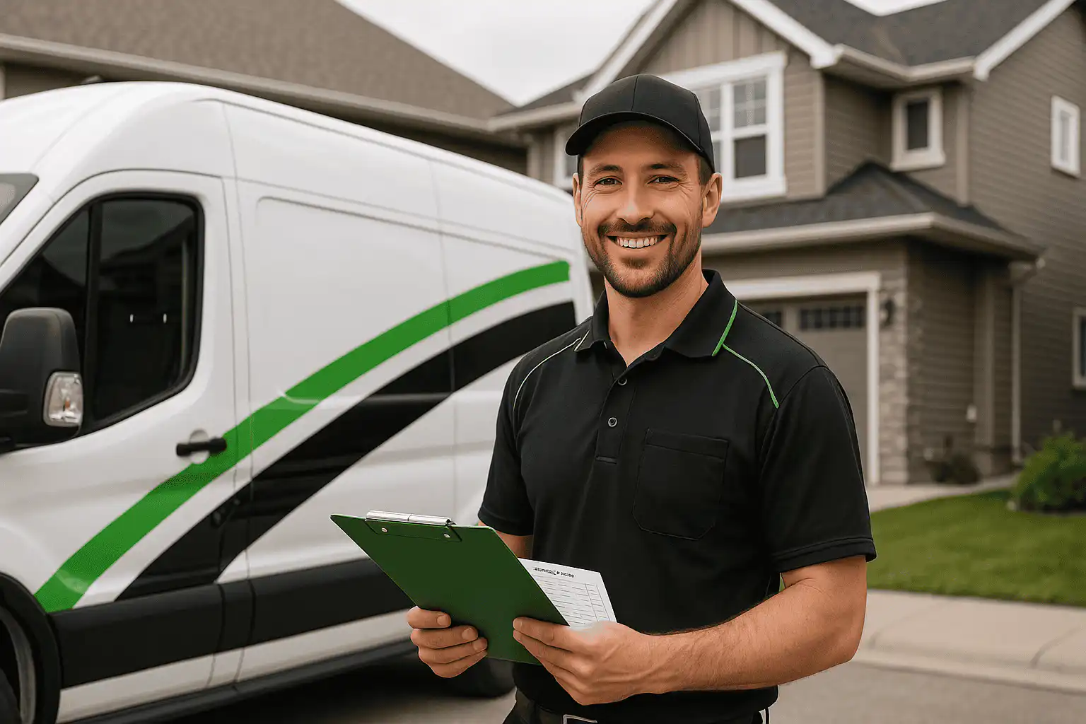 Smiling electrician in branded uniform holding clipboard stands in front of service van outside a modern Calgary home, ready to discuss warranty coverage options for electrical services