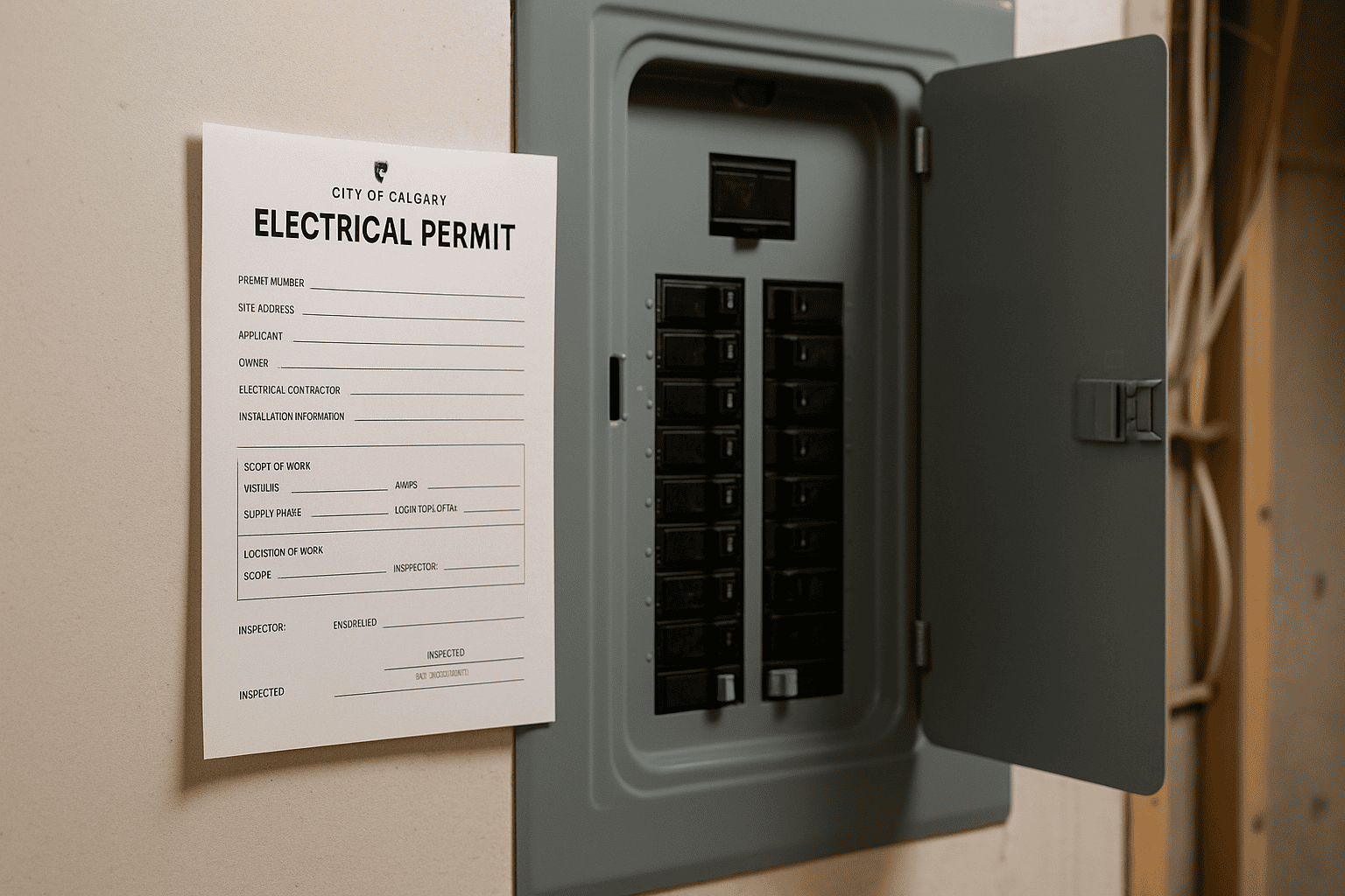 Electrical permit from the City of Calgary displayed next to a modern electrical breaker panel in a residential home