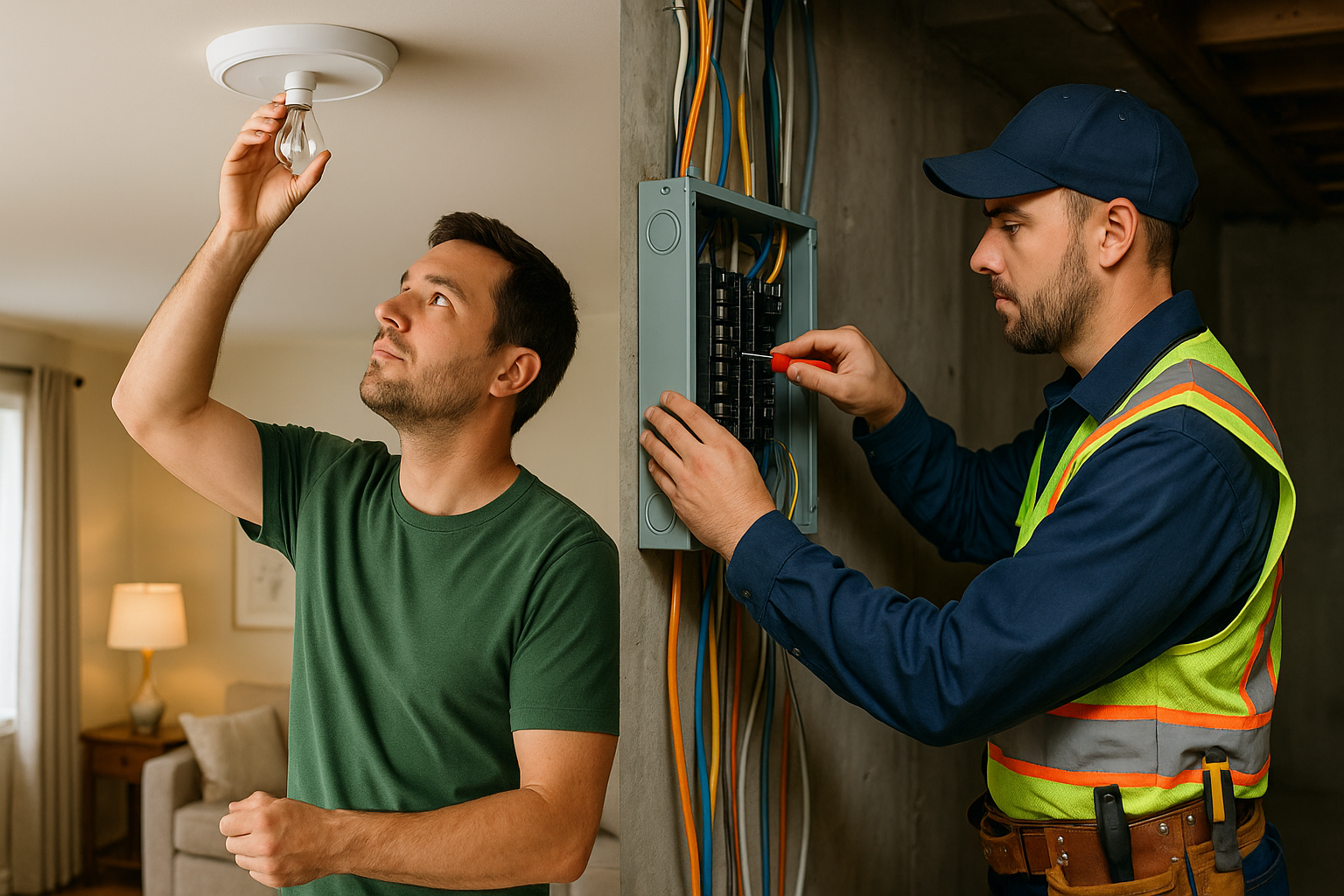 Residential electrician inspecting circuit breaker panel while homeowner changes light bulb meeting local electrical code requirements in Calgary AB
