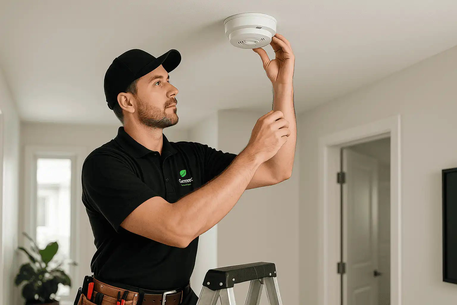 Electrician installing a carbon monoxide and smoke detector on a ceiling in a modern Calgary home