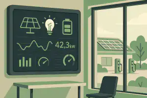 Digital display showing solar energy production, battery storage, and usage analytics inside an office with a window view of a building with rooftop solar panels and electric vehicle charging stations in Calgary