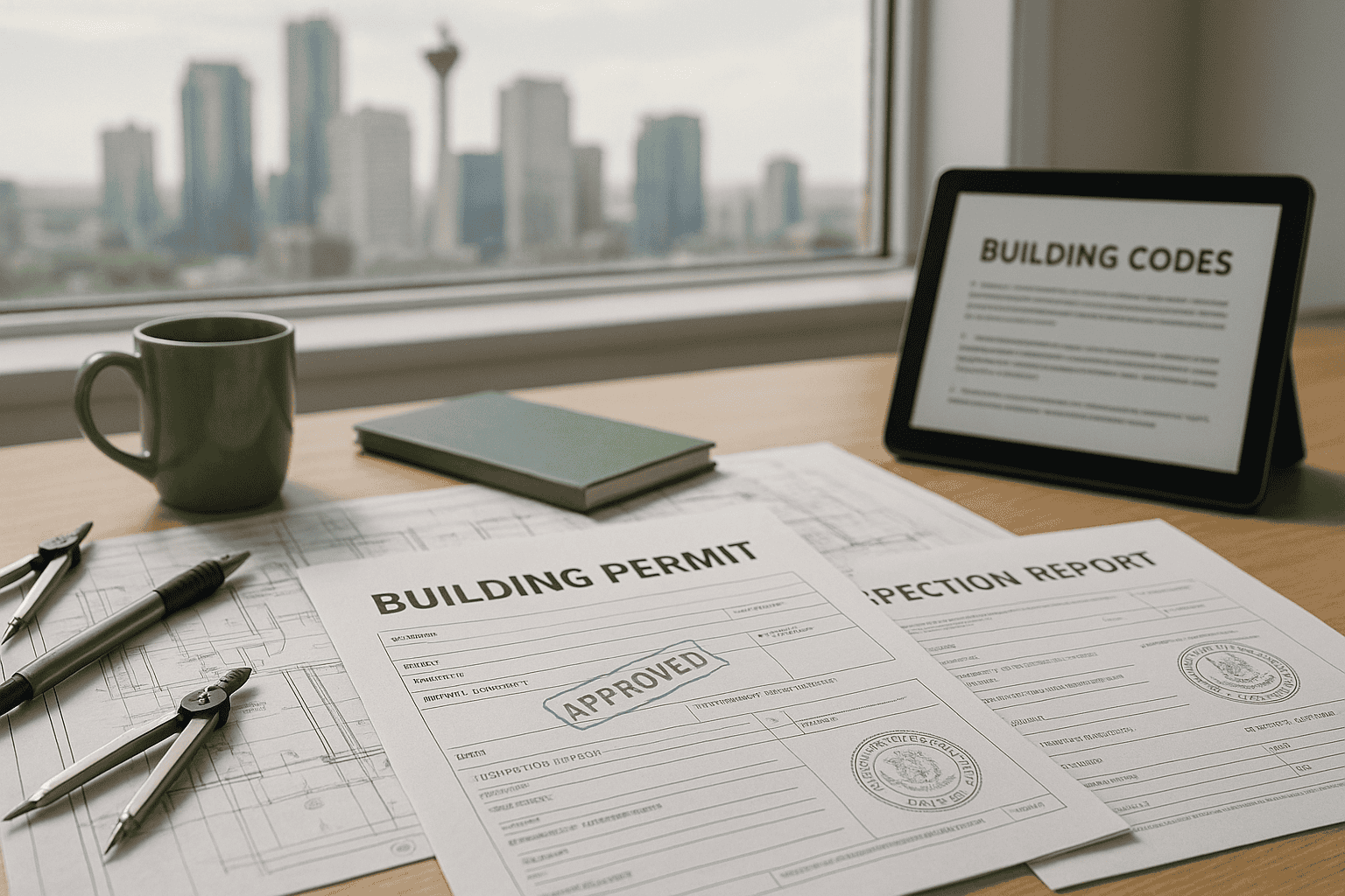 Desk with building permit inspection report and building codes displayed beside architectural plans and tools with Calgary city skyline in background