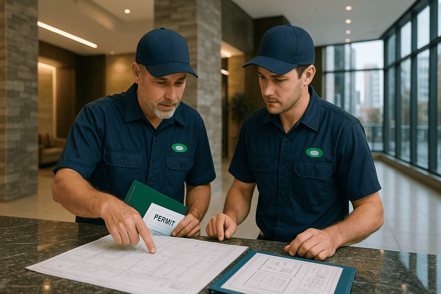 Two commercial lighting contractors in uniform reviewing permit documents and electrical plans in a modern multi-unit residential building lobby in Calgary