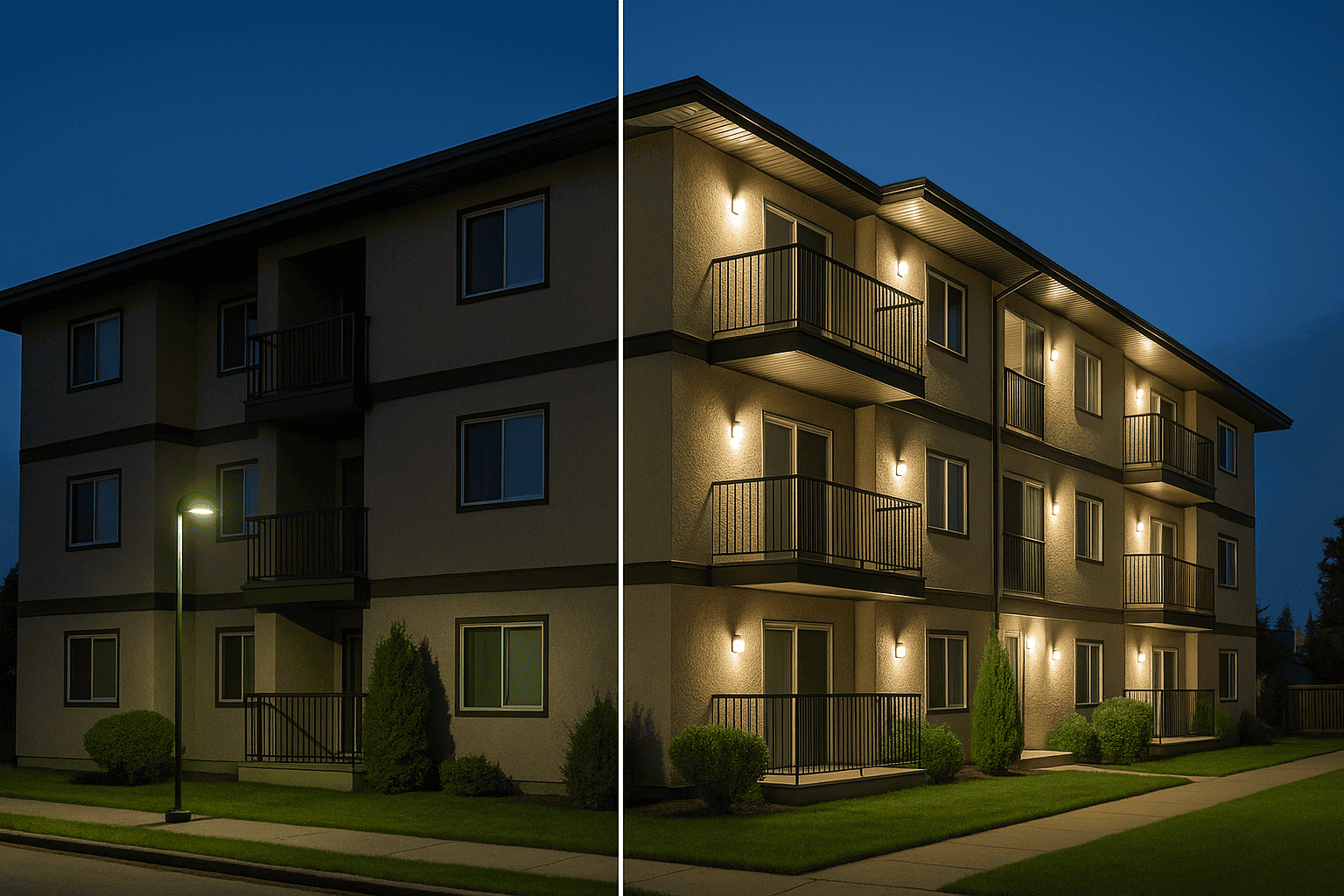 Modern multi-unit residential building at night showing a split view before and after professional exterior lighting upgrade by commercial contractors in Calgary AB