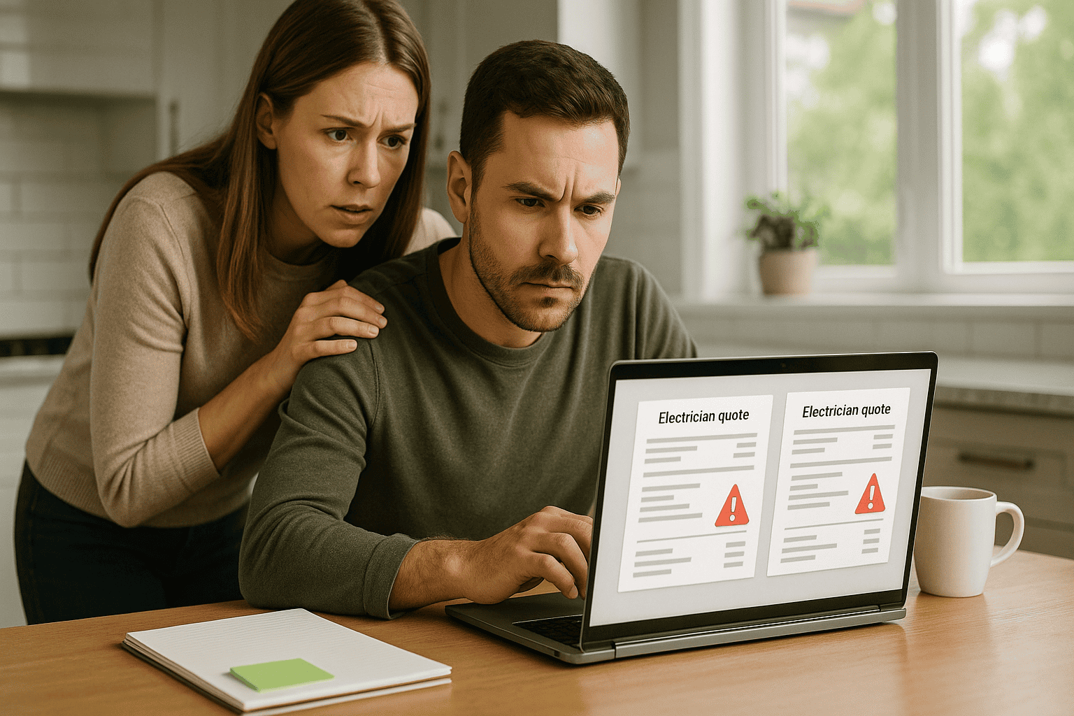 Electrical Repair Costs Calgary: Provider Comparison 3 Worried couple looking at laptop displaying electrician repair quotes with warning signs, seated at kitchen table in Calgary home