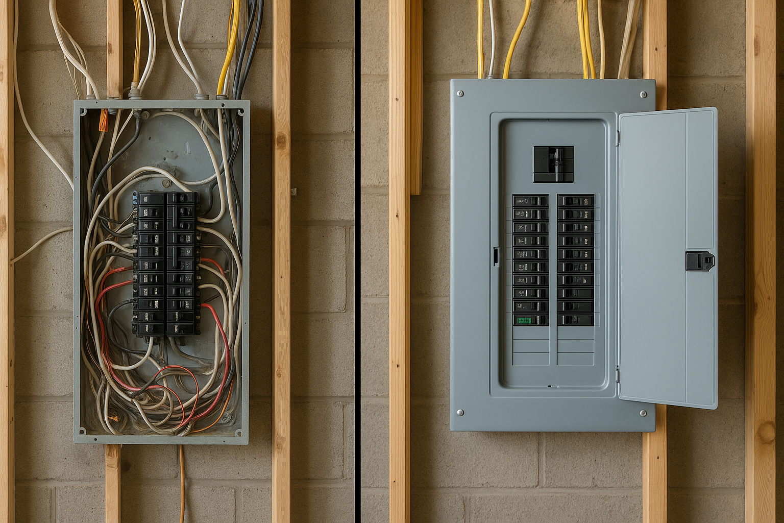 Side by side comparison of an old electrical panel with messy wiring and a new modern panel following updated electrical code requirements in Calgary, AB